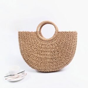Handmade Bag for Women Beach Weaving Straw Bag Wrapped Beach Bag Moon shaped Top Handle Handbag